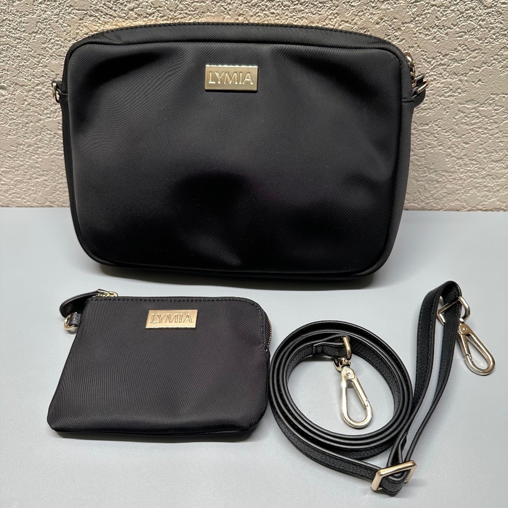 Lymia Nylon Trifecta "Take it Black" Crossbody Purse and Small piece Metal Logo